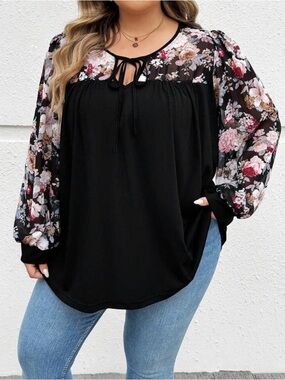 SHEIN Black Top with Pink & Cream Floral Sheer Sleeves